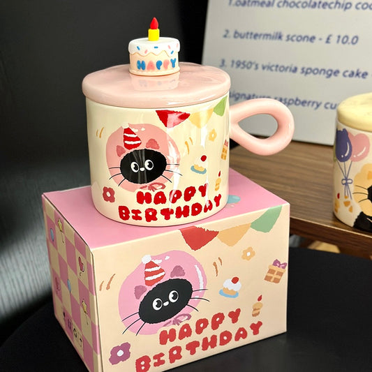 Birthday Cake Cat Ceramic Mug – 350ml with Lid – Perfect Birthday Gift