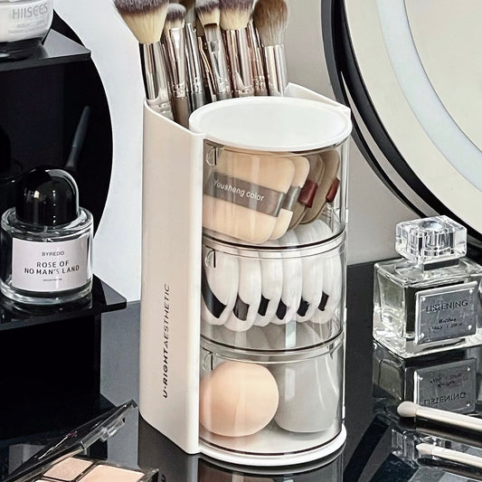 Rotating Makeup Brush and Sponge Organizer – Compact 3-Tier Storage Box