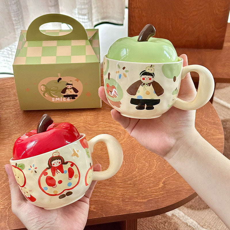 Apple-Themed Ceramic Mugs with Red & Green Lids – Gift-Ready Packaging, 420ML Capacity