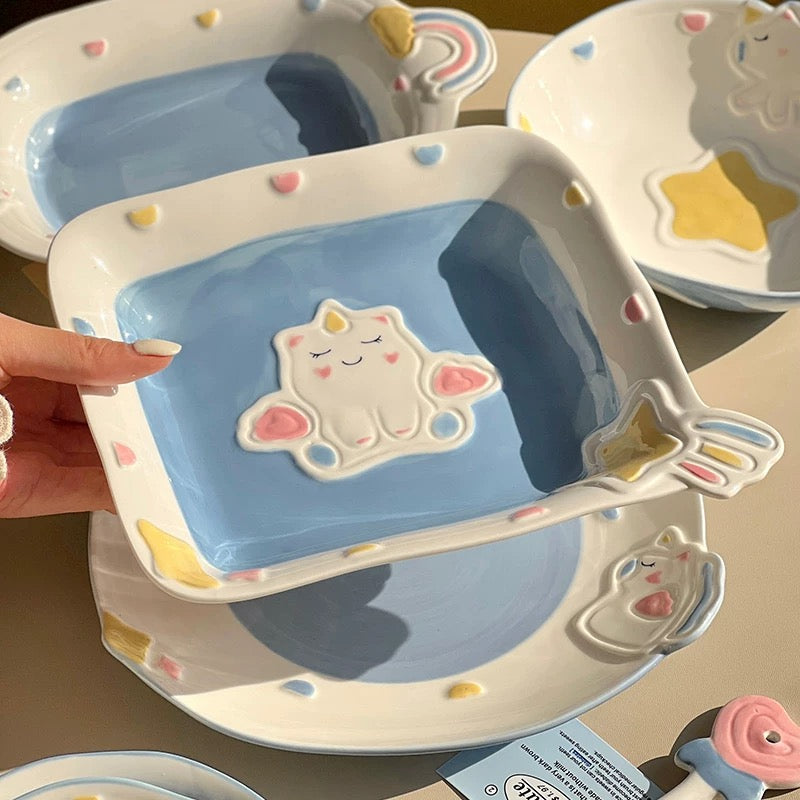 Adorable Pastel Blue Unicorn Plate - Square Ceramic Dish for Desserts & Salads