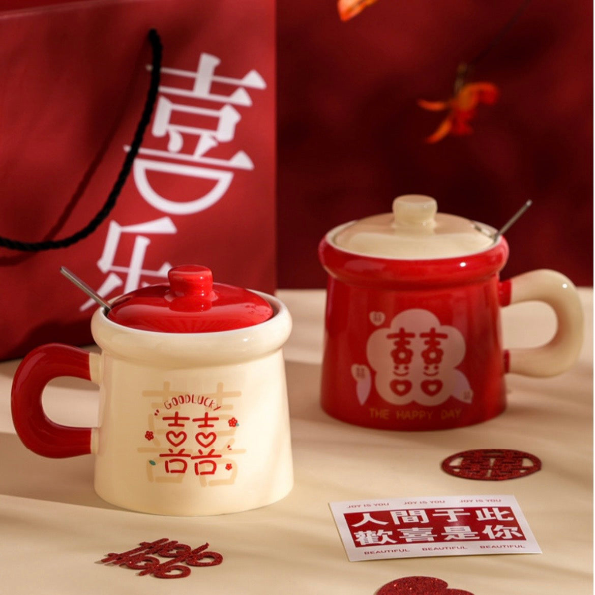 Double Happiness Ceramic Mug Gift Set – Traditional Chinese Wedding Tea Cups with Lids & Spoons