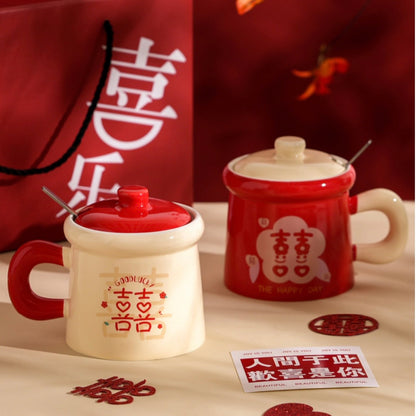 Double Happiness Ceramic Mug Gift Set – Traditional Chinese Wedding Tea Cups with Lids & Spoons