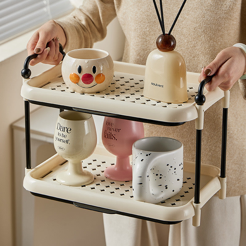 Two-Tier Cup Drying Rack with Handles | Creamy White & Black Drip Tray