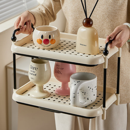 Two-Tier Cup Drying Rack with Handles | Creamy White & Black Drip Tray