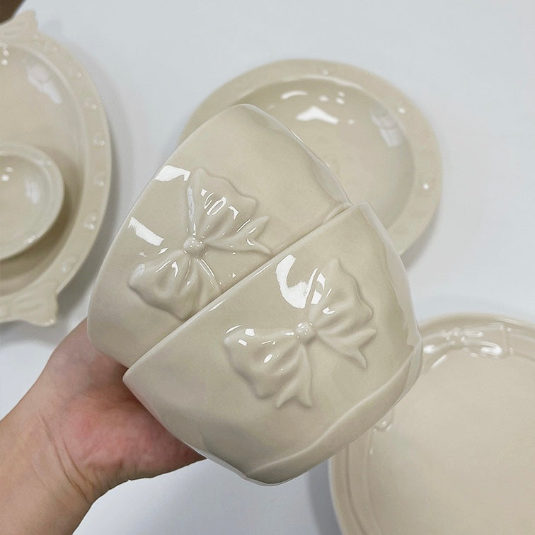 Butterfly Bow Ceramic Cereal Bowls Set - Set of 2 | Creamy White & Lavender Purple