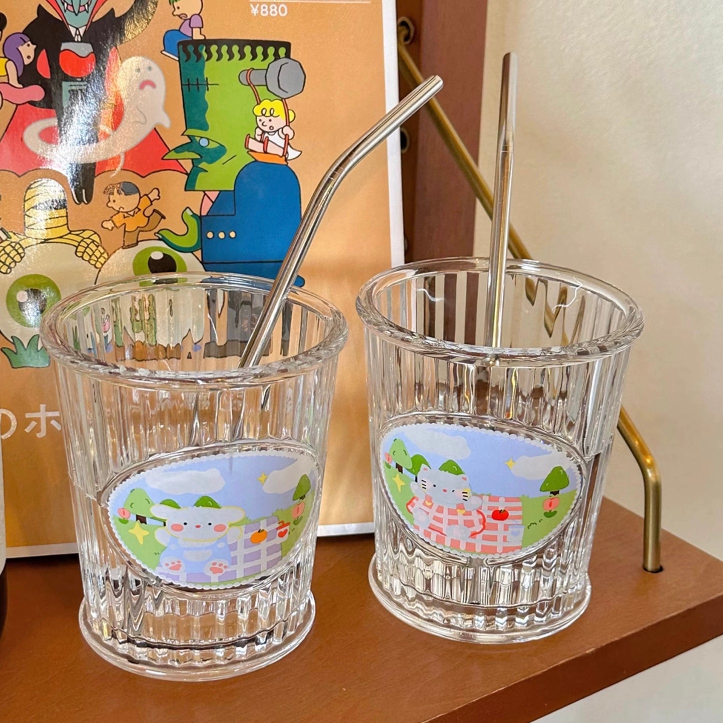 Picnic Diary Glass Cup - with Stainless Steel Straw, 350ML Capacity