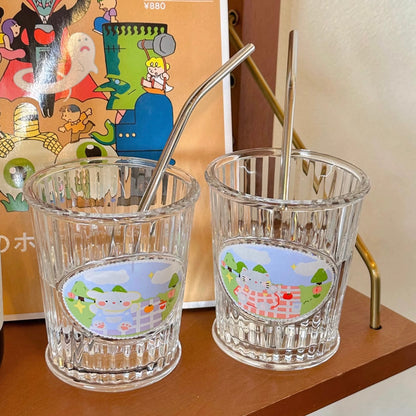 Picnic Diary Glass Cup - with Stainless Steel Straw, 350ML Capacity