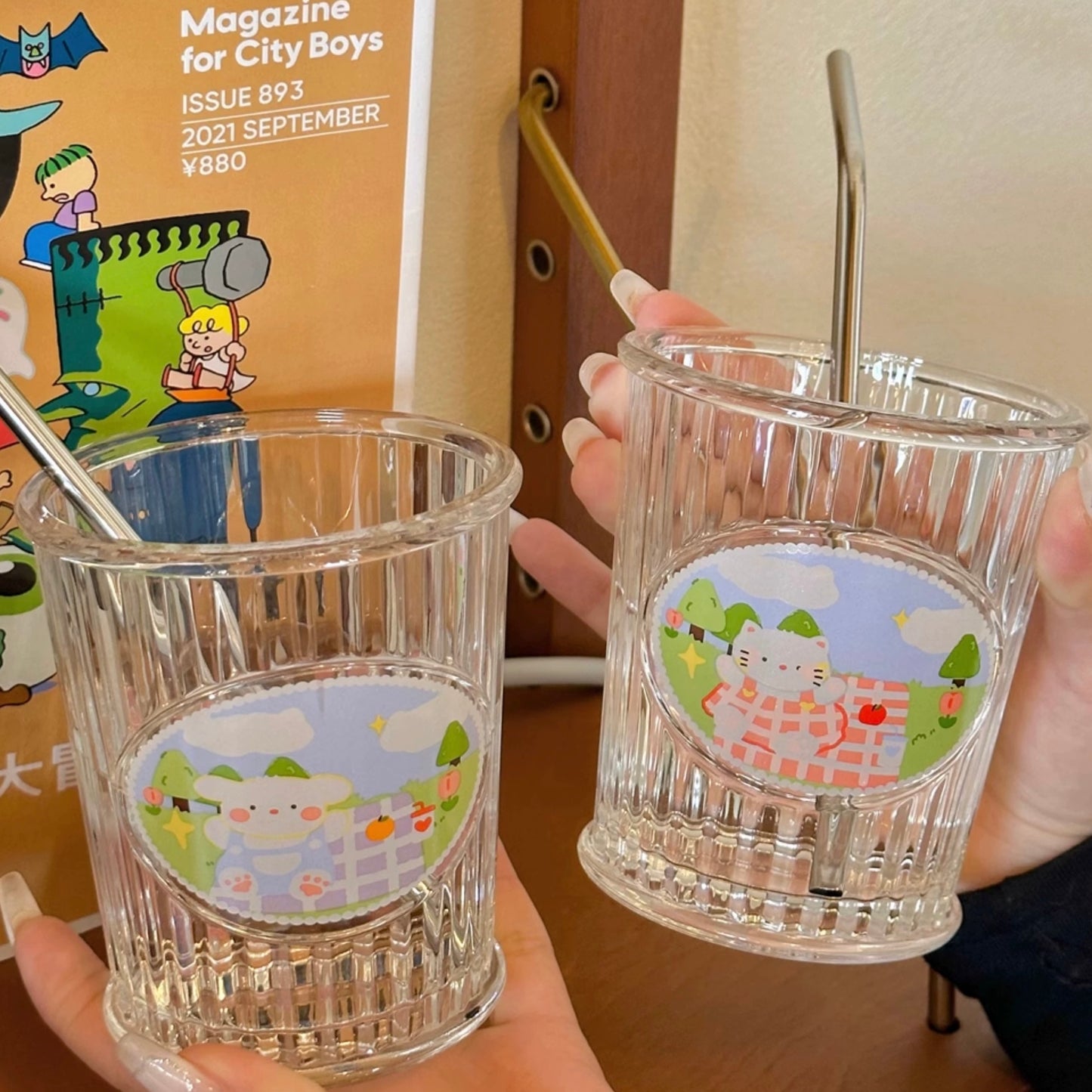 Picnic Diary Glass Cup - with Stainless Steel Straw, 350ML Capacity