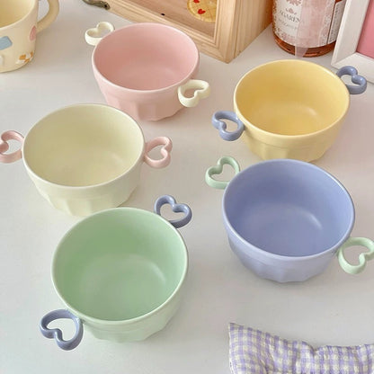 Macaron Color Double-Handle Yogurt Bowl - Cute Heart-Shaped Design