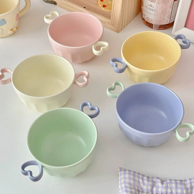 Macaron Color Double-Handle Yogurt Bowl - Cute Heart-Shaped Design