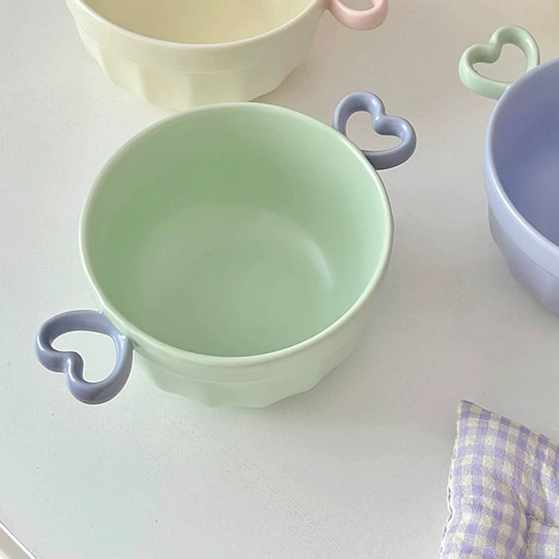 Macaron Color Double-Handle Yogurt Bowl - Cute Heart-Shaped Design