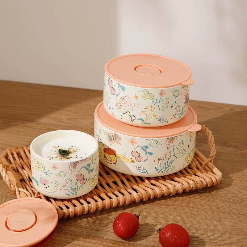 Crayon Doodle Ceramic Storage Bowl with Lid - Cute and Versatile Design, Multiple Sizes