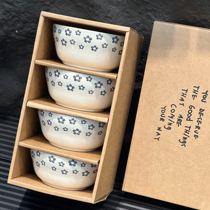 Blue Blossom Ceramic Bowl Gift Set – Set of 4, Perfect for Gifting
