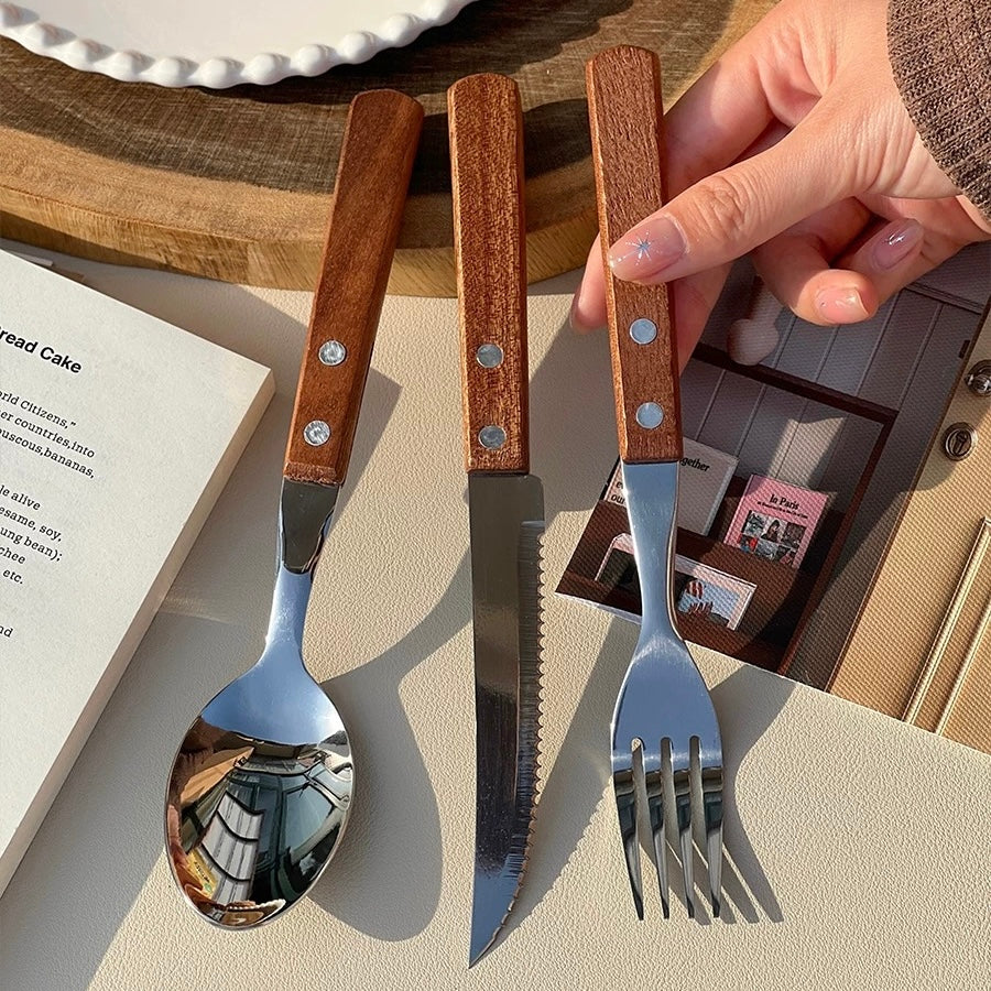 Riveted Wooden Handle Stainless Steel Utensil Set - Set of 3