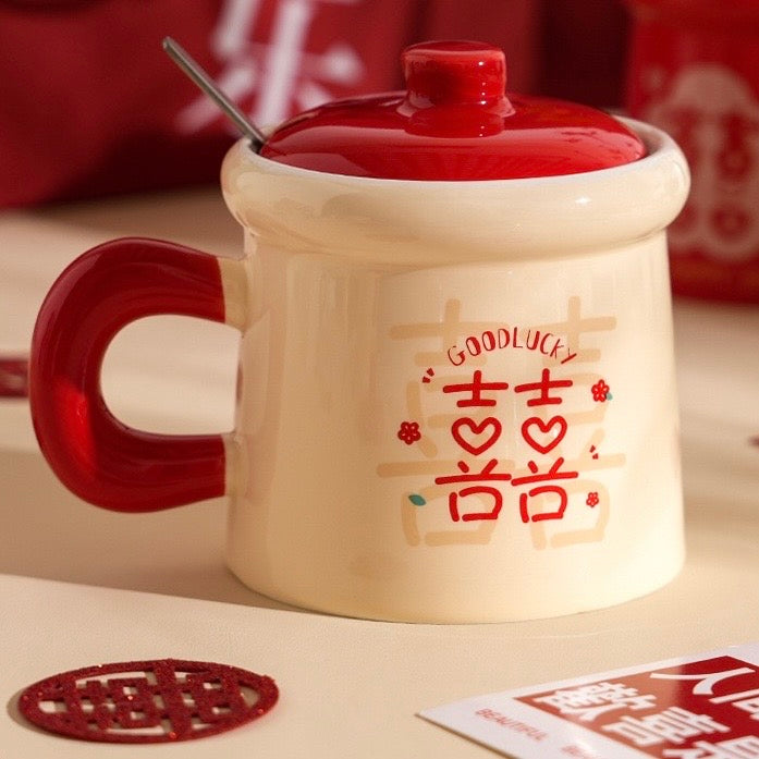 Double Happiness Ceramic Mug Gift Set – Traditional Chinese Wedding Tea Cups with Lids & Spoons