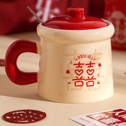 Double Happiness Ceramic Mug Gift Set – Traditional Chinese Wedding Tea Cups with Lids & Spoons