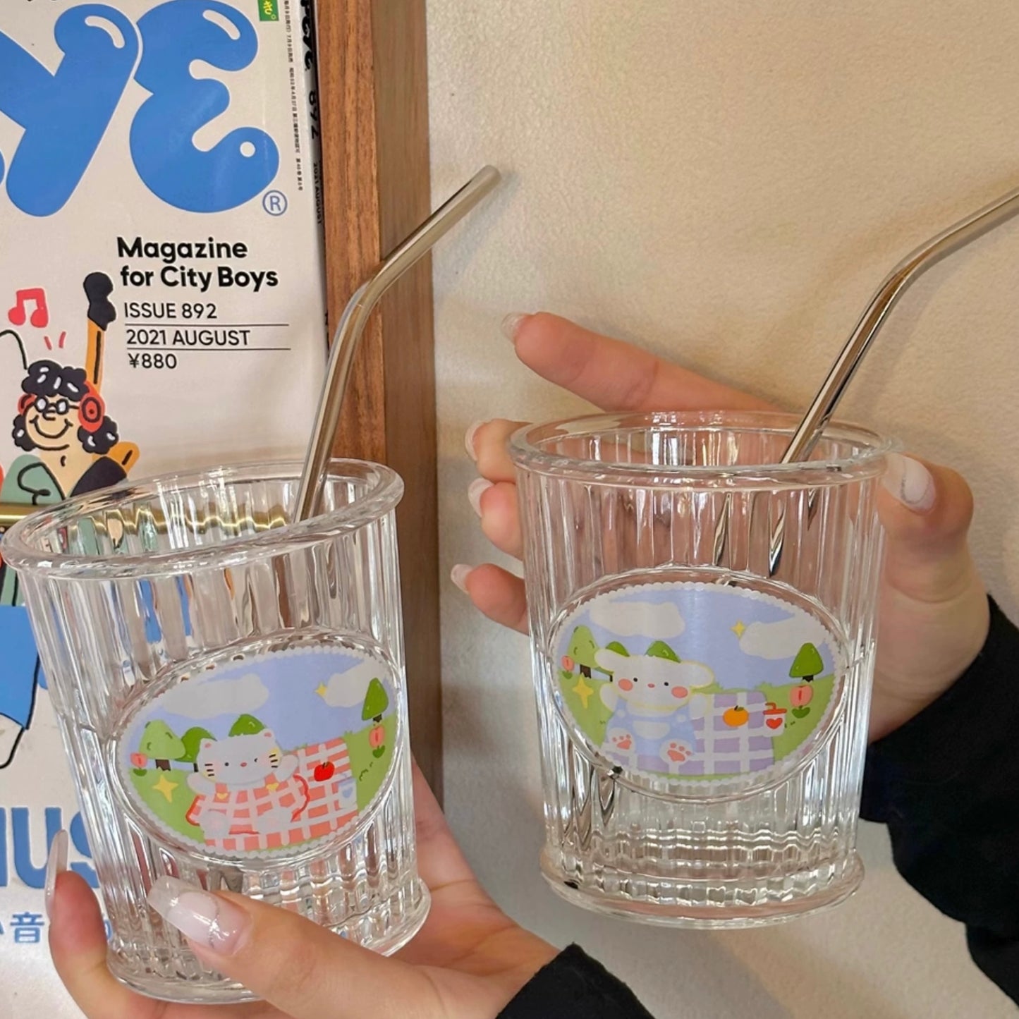 Picnic Diary Glass Cup - with Stainless Steel Straw, 350ML Capacity