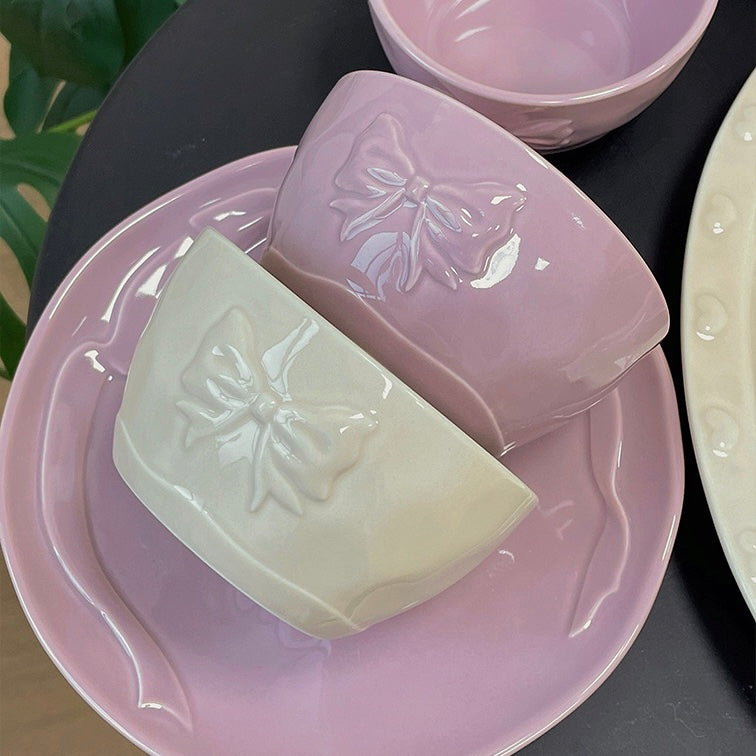 Butterfly Bow Ceramic Cereal Bowls Set - Set of 2 | Creamy White & Lavender Purple