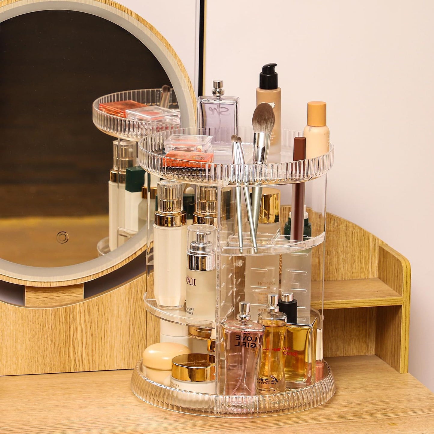 360° Rotating Acrylic Makeup Organizer – Adjustable Multi-Layer Cosmetic Storage Rack