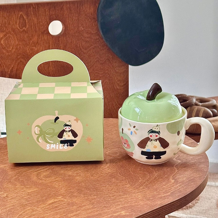Apple-Themed Ceramic Mugs with Red & Green Lids – Gift-Ready Packaging, 420ML Capacity
