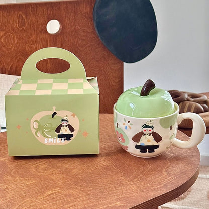 Apple-Themed Ceramic Mugs with Red & Green Lids – Gift-Ready Packaging, 420ML Capacity