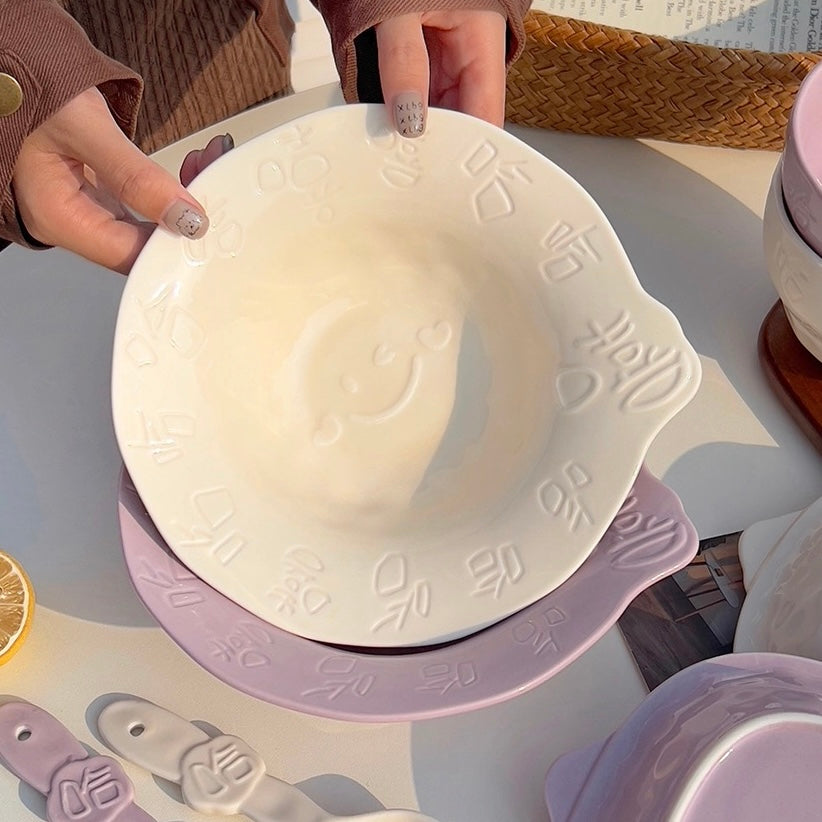 Playful Ceramic Plate with “Xixi Haha” Design | Deep Dish for Soups and Salads