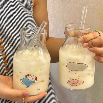 Adorable Cat Line-Art Glass Pitcher with Thick Straw, 650ML Capacity
