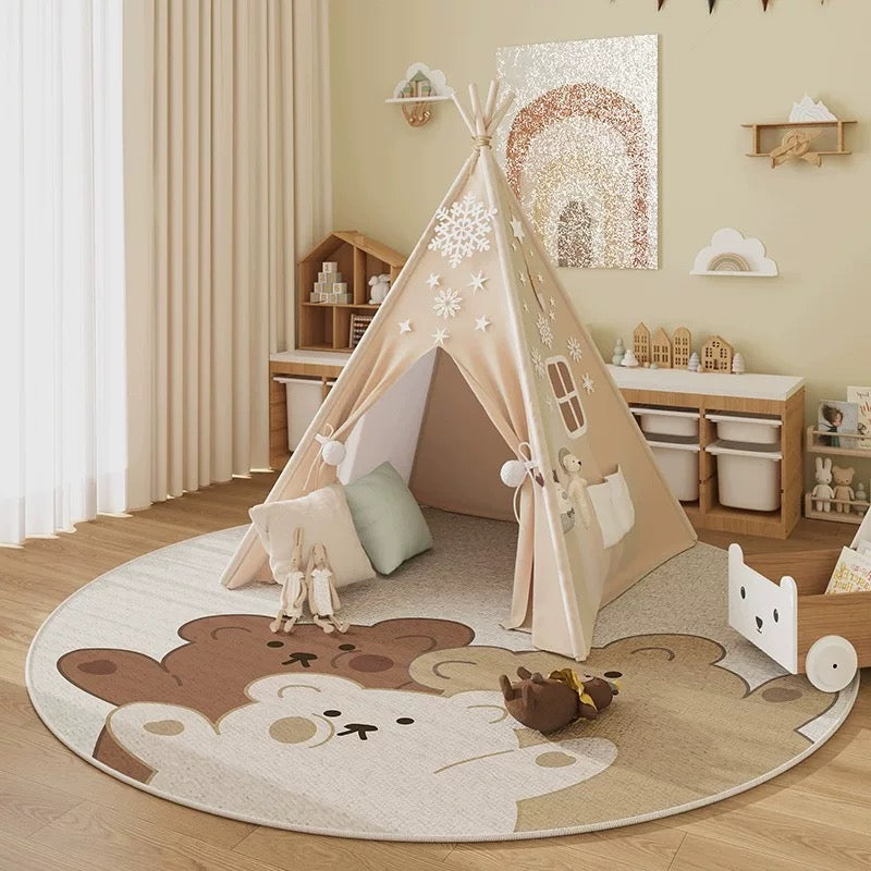 Trio Bear Plush Bedside Rug | Ultra-Soft 100x100cm Round Carpet | Cozy & Soft Design