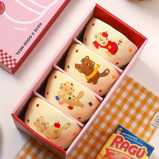Happy Cat Ceramic Bowl Gift Set – Set of 4, Perfect for Gifting