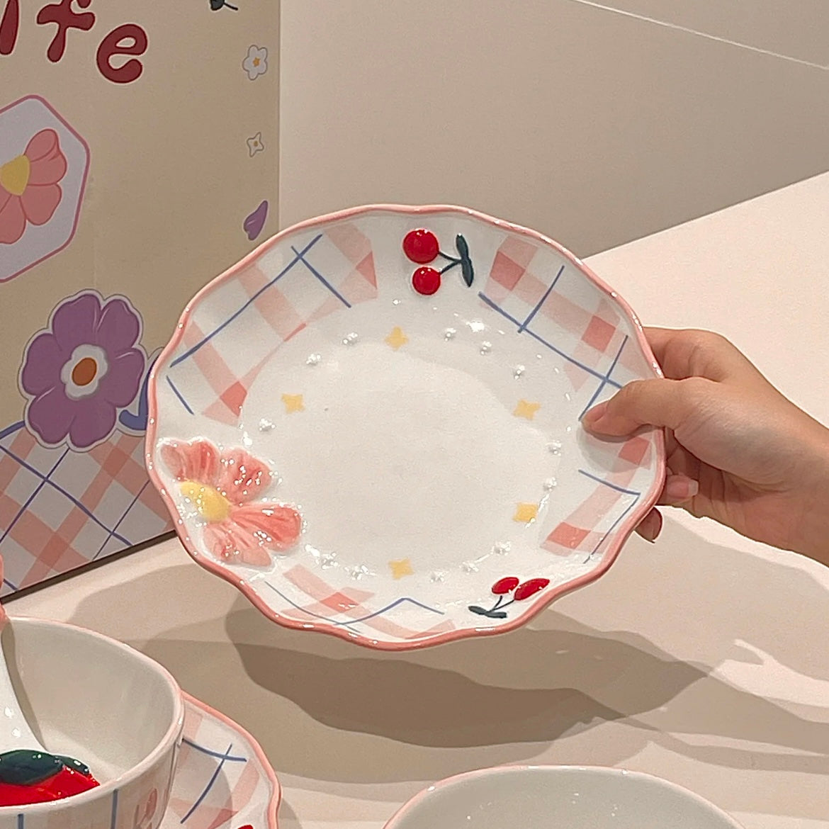 Pink Floral Ceramic Dinnerware Gift Set – Adorable 3-Piece Tableware, Perfect for Gifting