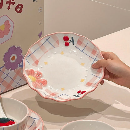 Pink Floral Ceramic Dinnerware Gift Set – Adorable 3-Piece Tableware, Perfect for Gifting