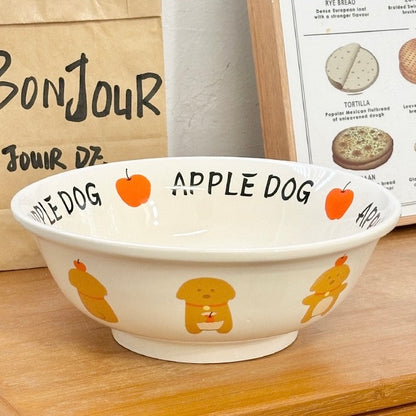 Cute Apple Dog & Cookie Dog Ramen Bowl – 1000ml Large Ceramic Bowl