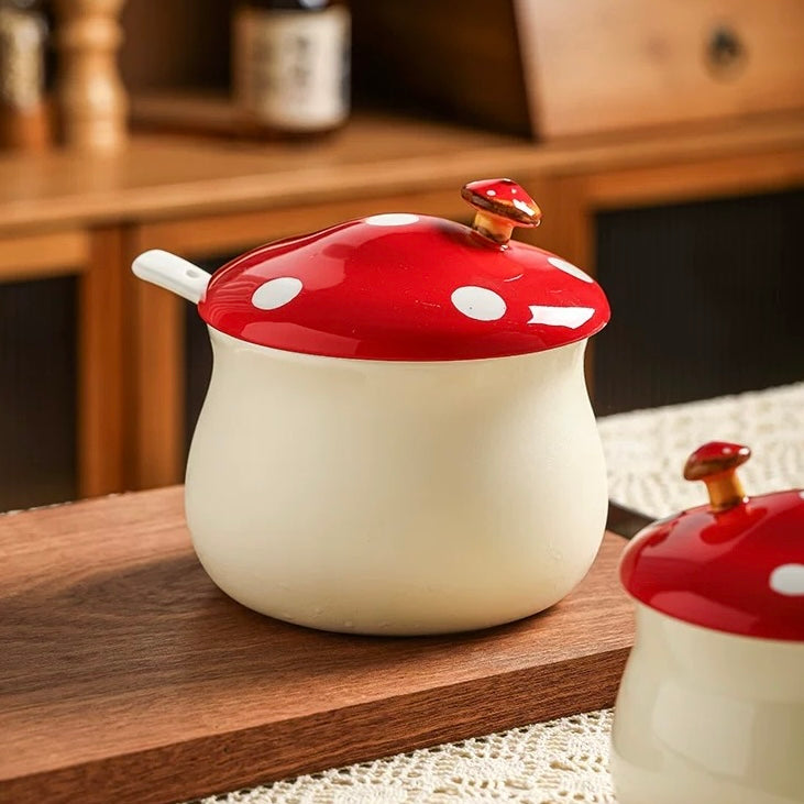 Mushroom Ceramic Oil Jar with Spoon - 600ml Storage for Chili Oil & Condiments