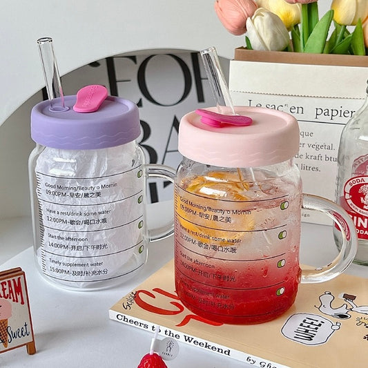 Time-Marked Glass Cup with Lid and Straw | 800ML Capacity, Large-Capacity Drinkware