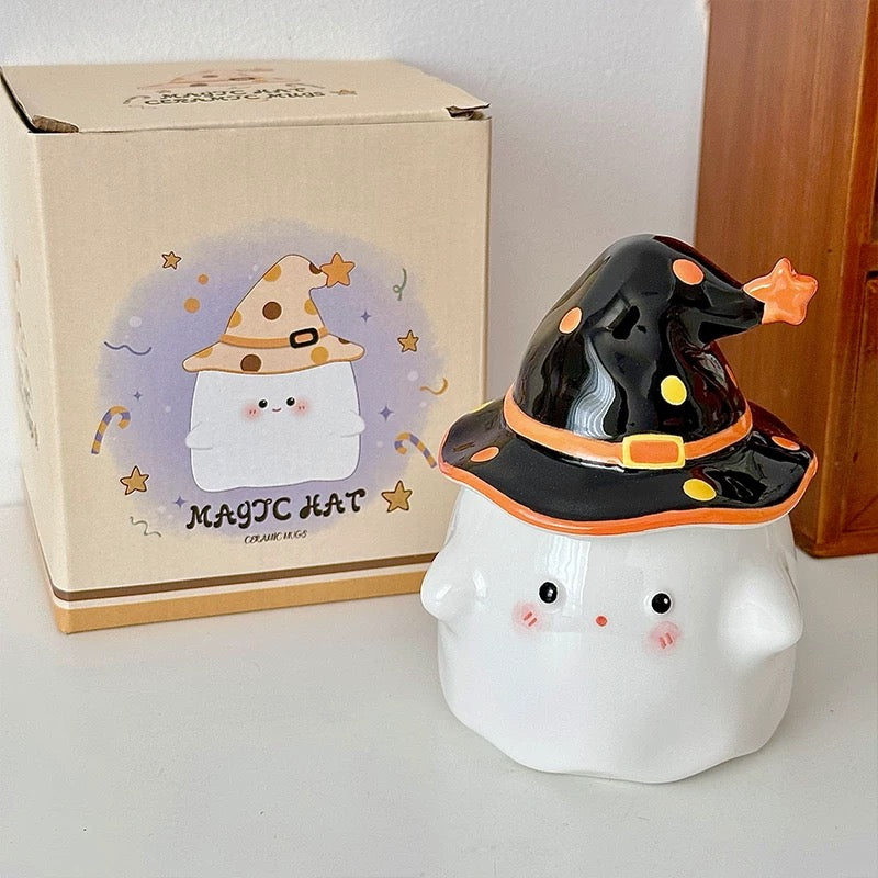 Cute Ghost Ceramic Mug with Wizard Hat Lid | 350ml Capacity, Perfect for Couples