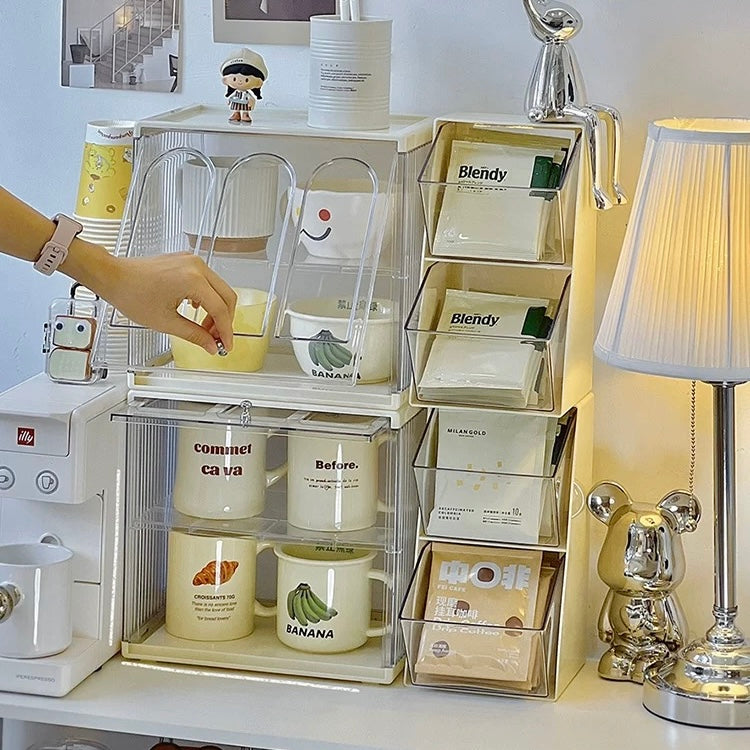 Stackable Double-Layer Cup Storage Rack - Dustproof & Space-Saving Cream Design