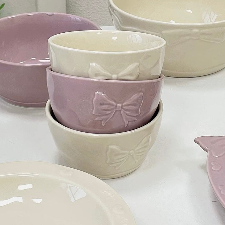 Butterfly Bow Ceramic Cereal Bowls Set - Set of 2 | Creamy White & Lavender Purple