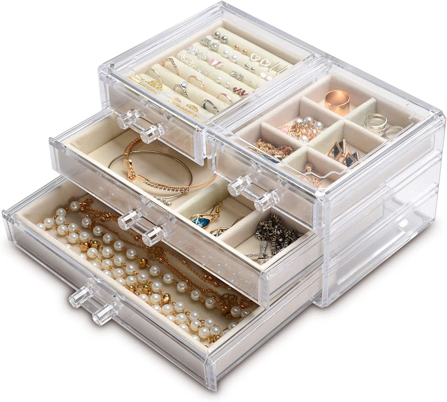 Elegant Acrylic Jewelry Box with 4 Drawers – Velvet Lined Storage for Rings & Bracelets