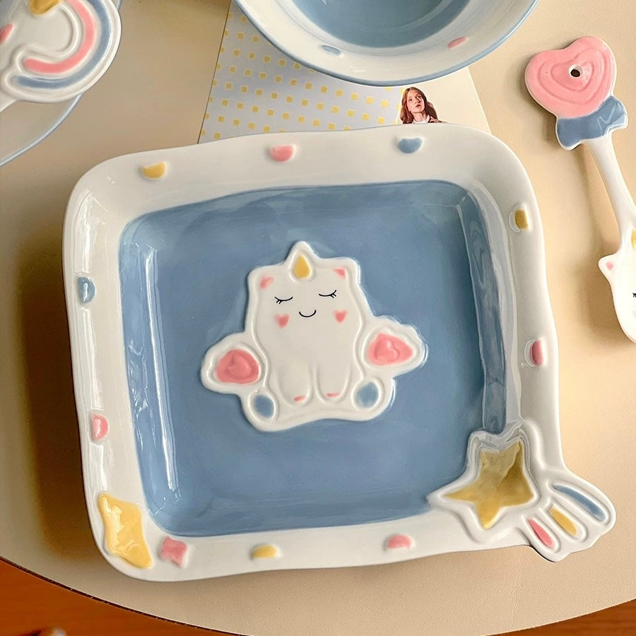 Adorable Pastel Blue Unicorn Plate - Square Ceramic Dish for Desserts & Salads