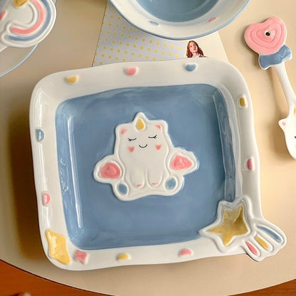 Adorable Pastel Blue Unicorn Plate - Square Ceramic Dish for Desserts & Salads