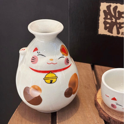 Lucky Cat Ceramic Sake Set - Japanese Gift Packaging, 1 Bottle & 2 Cups