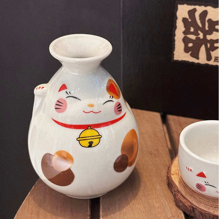 Lucky Cat Ceramic Sake Set - Japanese Gift Packaging, 1 Bottle & 2 Cups