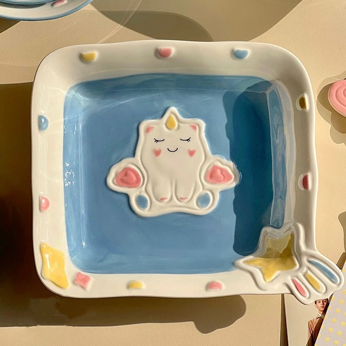 Adorable Pastel Blue Unicorn Plate - Square Ceramic Dish for Desserts & Salads