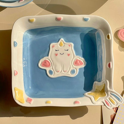 Adorable Pastel Blue Unicorn Plate - Square Ceramic Dish for Desserts & Salads