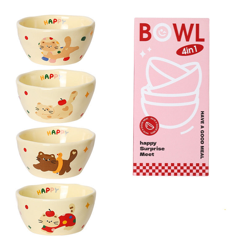 Happy Cat Ceramic Bowl Gift Set – Set of 4, Perfect for Gifting