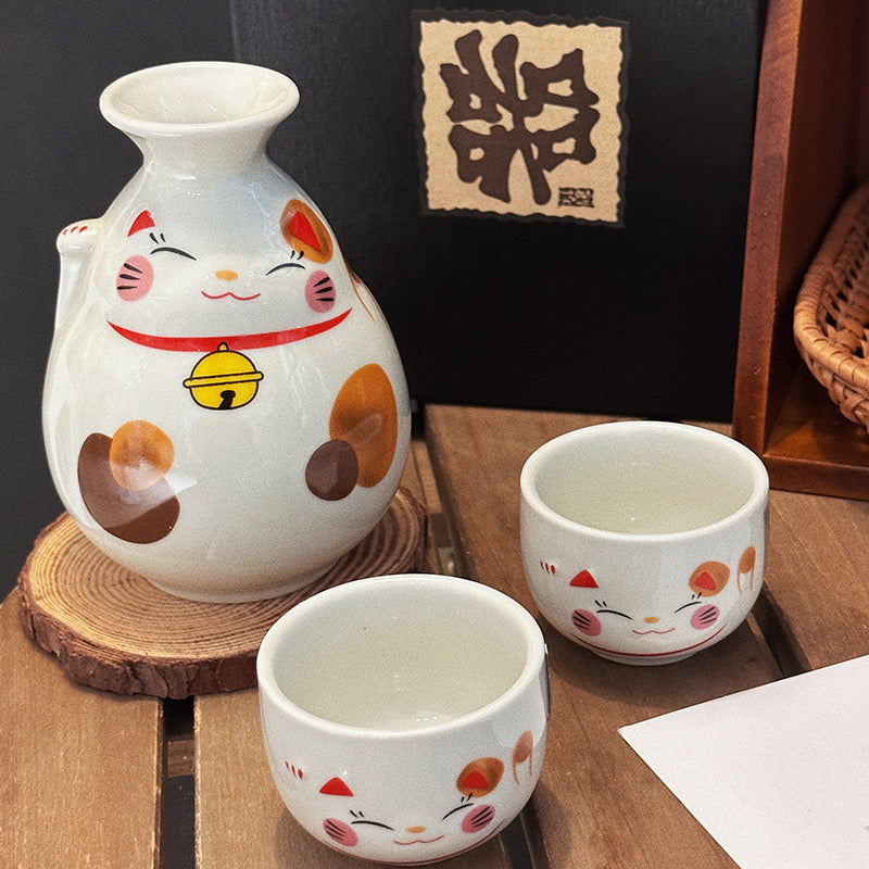 Lucky Cat Ceramic Sake Set - Japanese Gift Packaging, 1 Bottle & 2 Cups