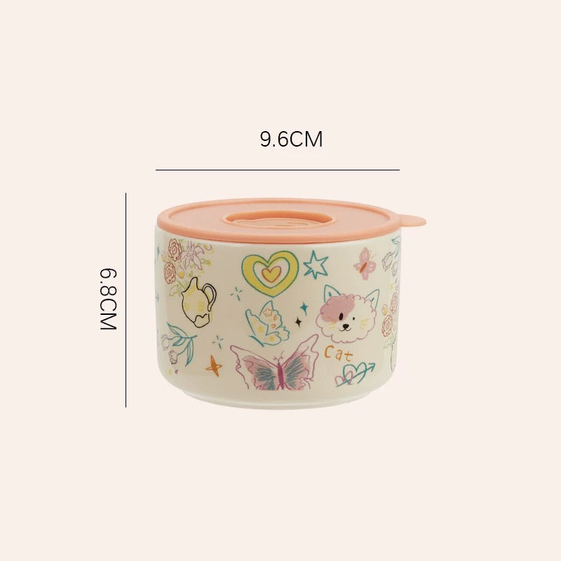 Crayon Doodle Ceramic Storage Bowl with Lid - Cute and Versatile Design, Multiple Sizes