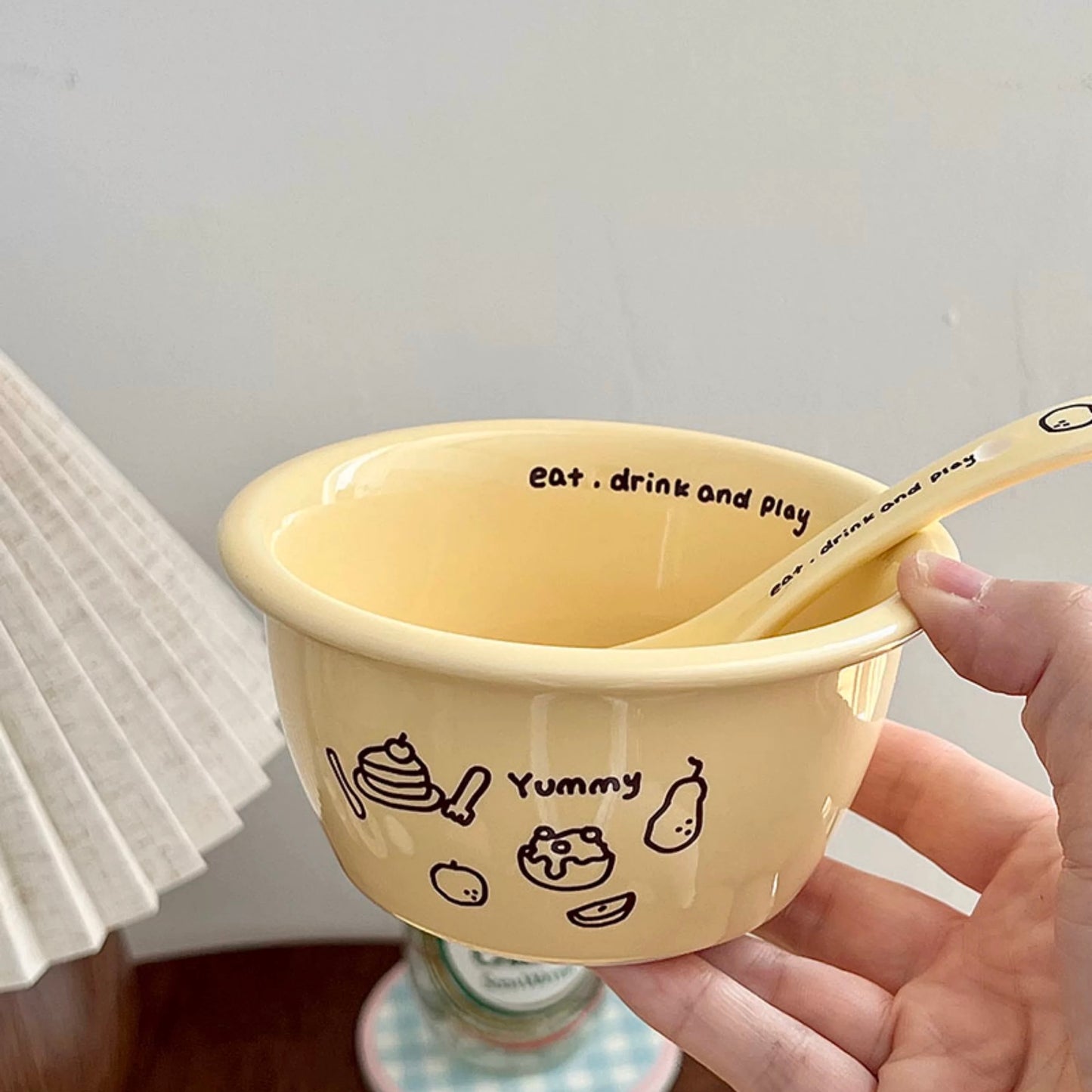 Cheese Yellow Ceramic Dinnerware Set – Set of 3 | Bowl, Oval Plate & Spoon with Fun Illustrations