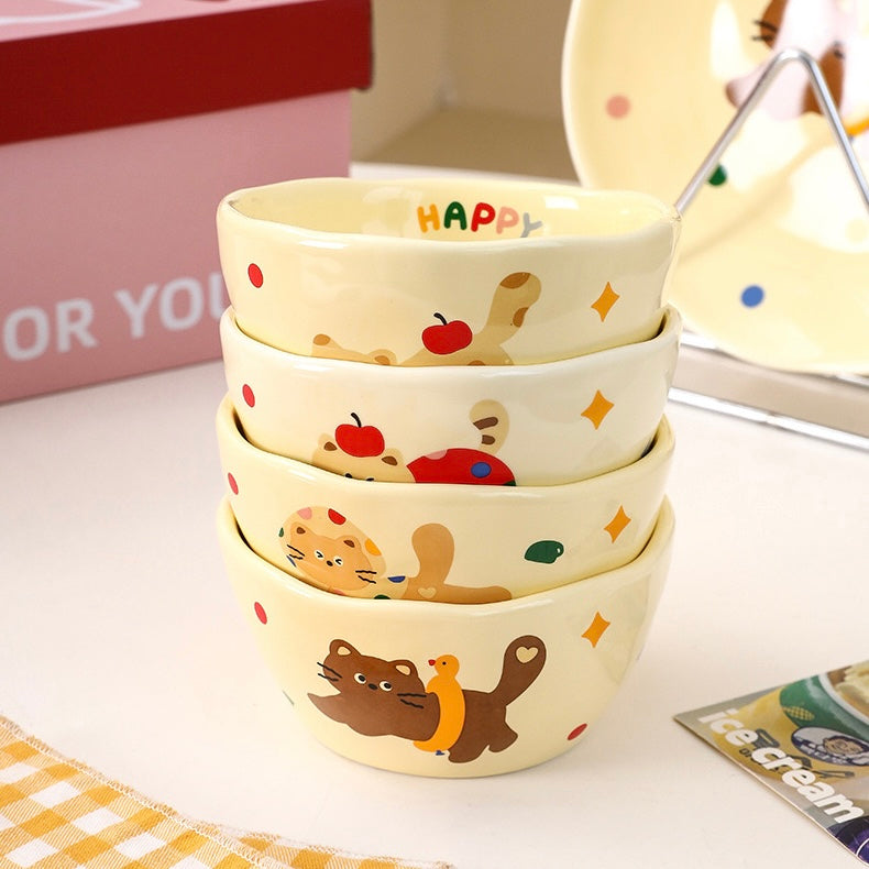 Happy Cat Ceramic Bowl Gift Set – Set of 4, Perfect for Gifting