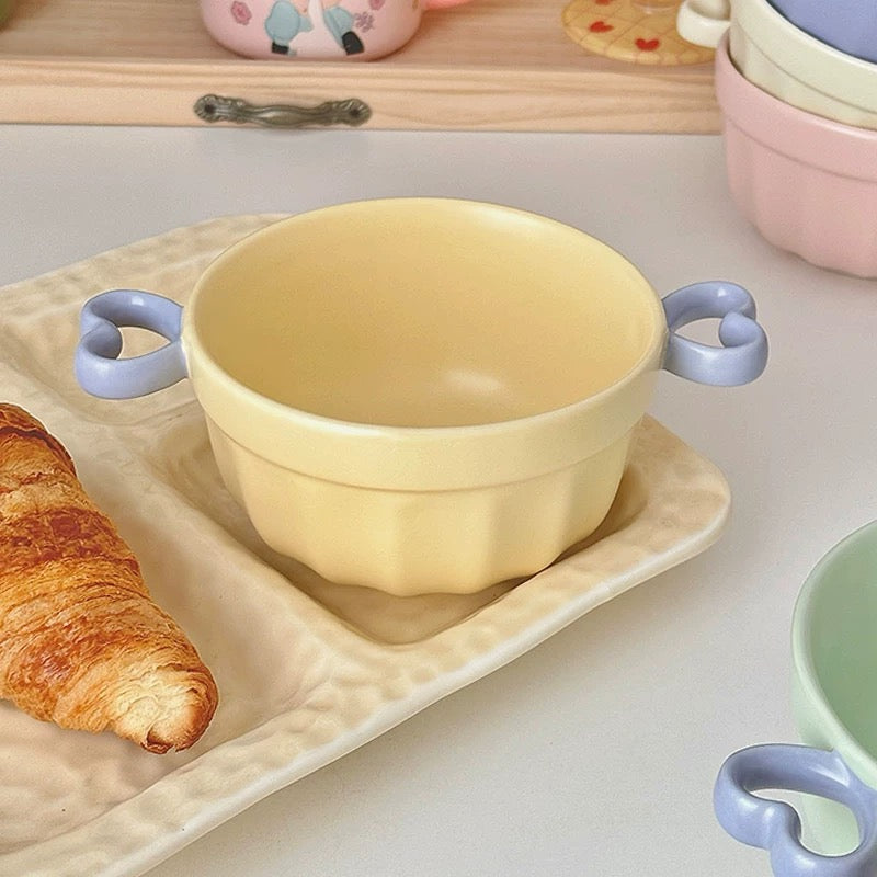 Macaron Color Double-Handle Yogurt Bowl - Cute Heart-Shaped Design